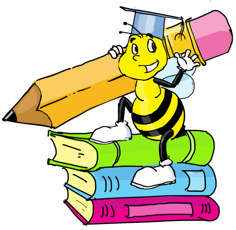 A cartoon bee sitting on a stack of books